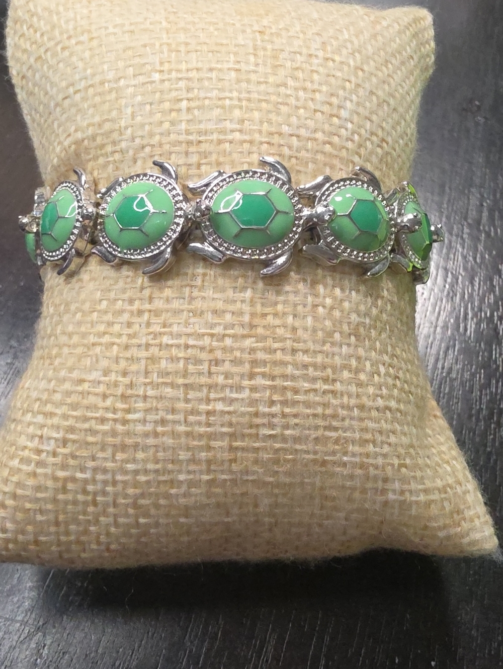 Green Turtle Link Bracelet with Silver Accents - Women's Bracelet